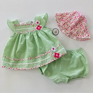 Vintage Baby Girl 3-6 Months Top Shorts Hat Set Outfit Seersucker Green Floral